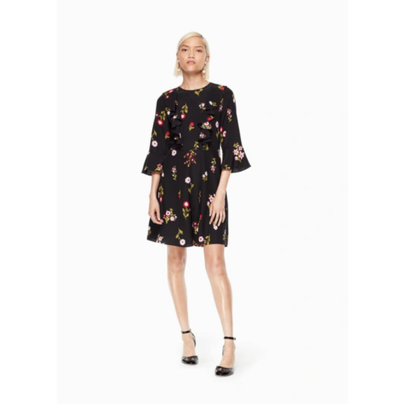 kate spade Dresses & Skirts - KATE SPADE | In Bloom Silk Ruffle Dress In Black Multi // 8